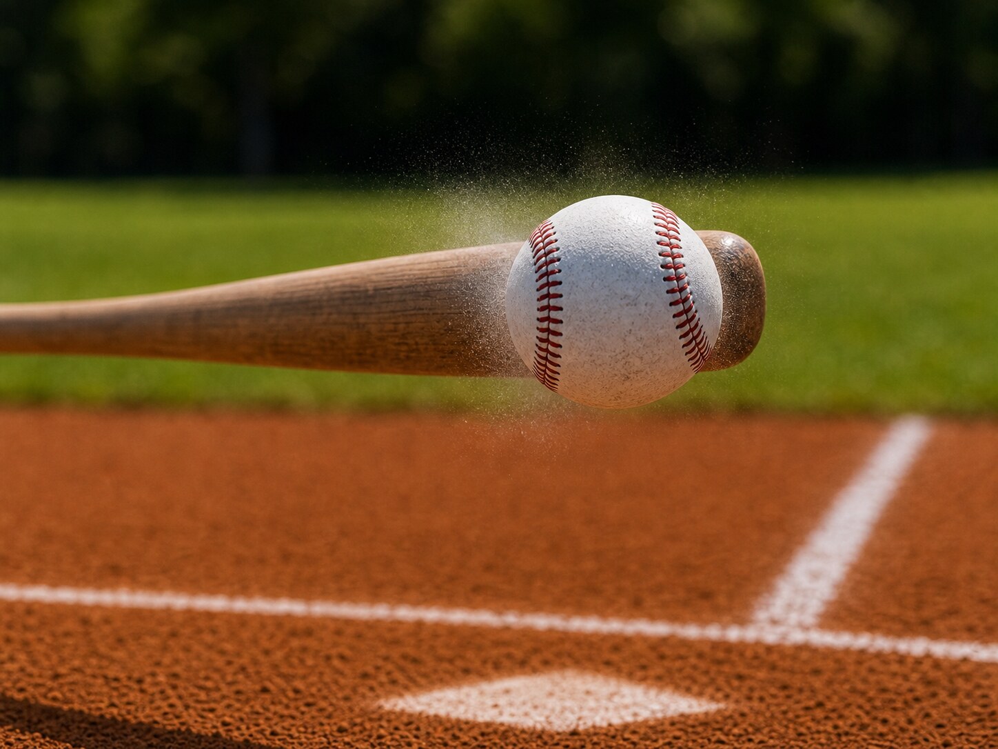 Baseball mit Schläger auf rotem Infield-Sand