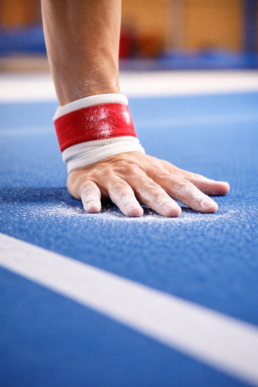 Hand auf einer blauen Turnmatte
